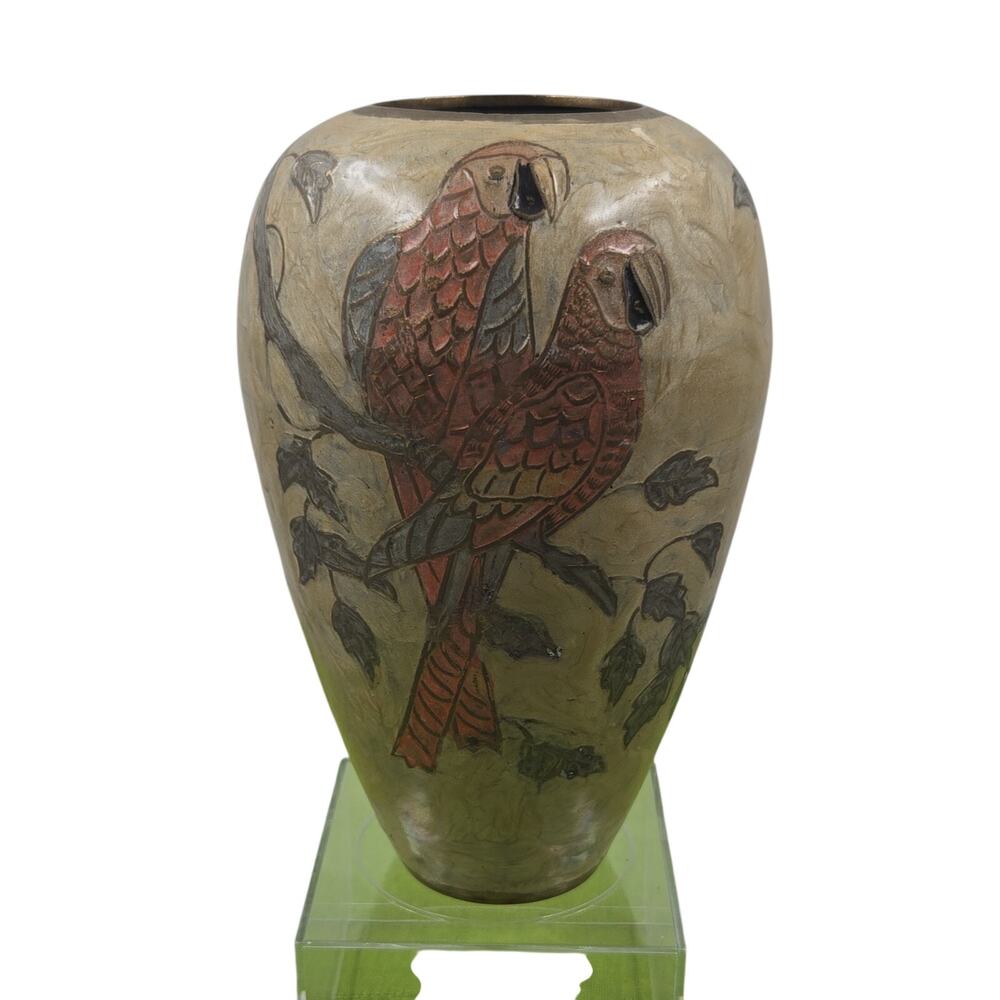Unmarked enameled Brass Vase, Parrot Bird Theme, Beige Red Green, Made in India